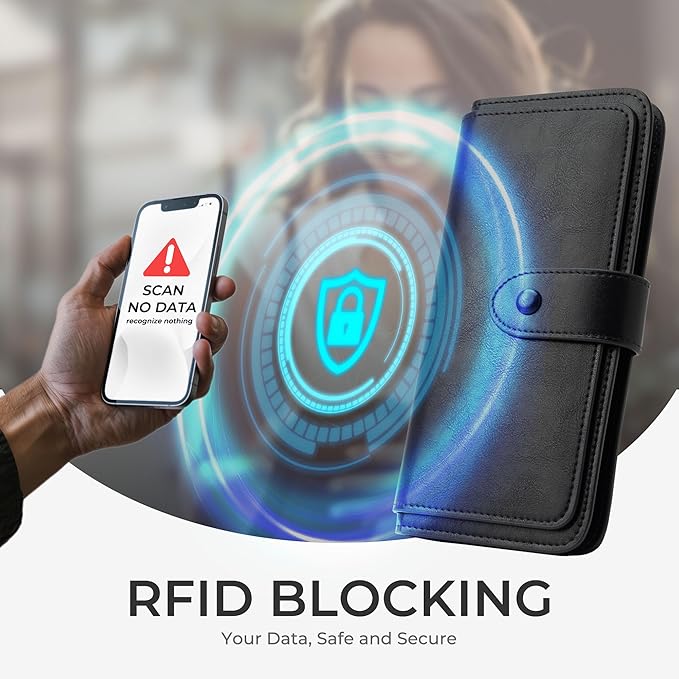 RFID Blocking Leather Wallet for Women, Slim Trifold with 14 Card Slots and Zipper Pocket (Black)