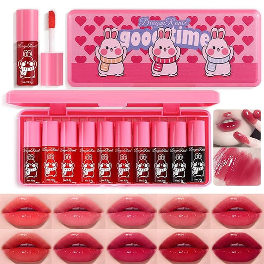 10 Pcs Lip Tint Set Cute Glossy Lip Stains and Matte Lipsticks with Long-lasting and Quick-drying Mini Lip Gloss Lipstick for Makeup Gift (Rabbit, Lip Gloss)