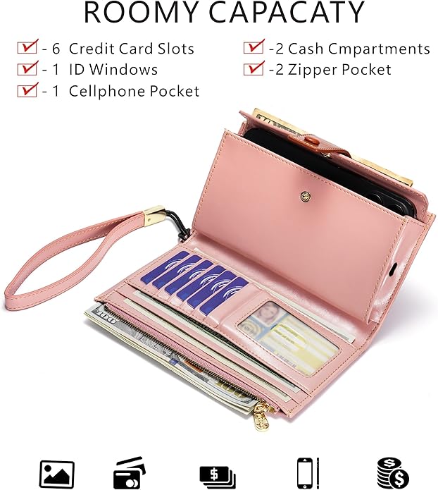 ANDOILT Wallet Women RFID Blocking Genuine Leather Bifold Multi Card Organizer Wristlet Purse Cell Phone Handbag