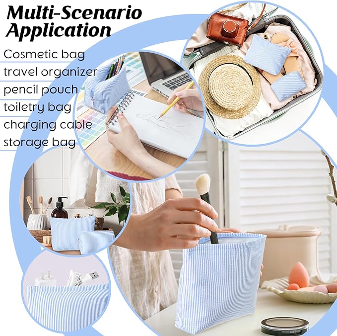 2 Pieces Makeup Bag Set Cute Cosmetic Pouch for Women Seersucker Travel Toiletry Bag Preppy Small Makeup Purse Pouch Aesthetic Skincare Brushes Storage Organizer for Christmas Women(Blue)