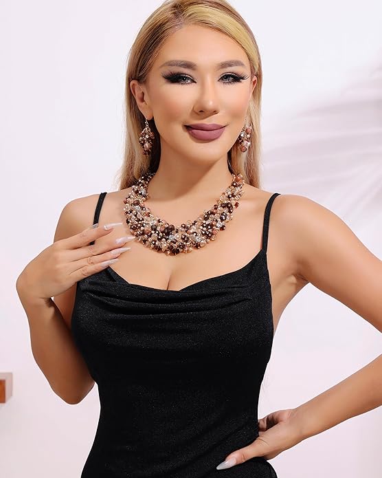 Bocar Fashion Crystal Chunky Collar Statement Necklace Earring Set for Women Gift (NK-10260)