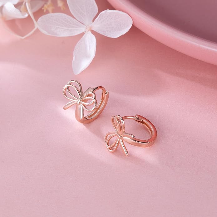 Reffeer Solid 925 Sterling Silver Bow Hoop Earrings Ribbon for Women Teen Girls Bowknot Hoop Earrings Huggie