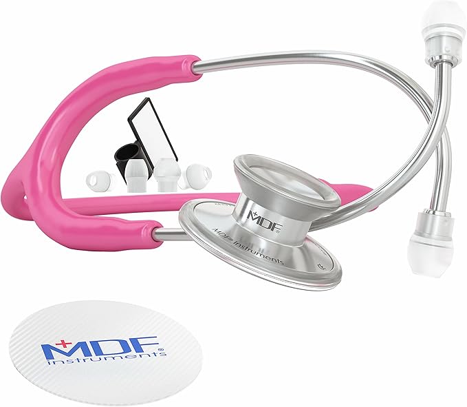 MDF Instruments, Acoustica Lightweight Stethoscope for Doctors, Nurses, Students, Home Health Use, Adult, Dual Head, Fuchsia Tube, Silver Chestpiece-Headset, MDF747XP32
