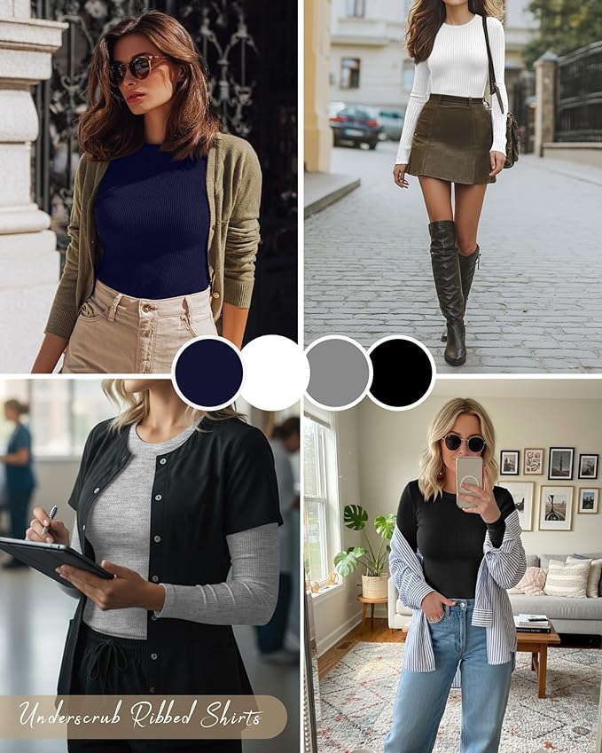 Neer 4 Pack Women's Ribbed Long Sleeve Shirts, Cotton Crew Neck Slim Fit Tops Stretch Knit Casual Base Layer Basic Tee Shirts