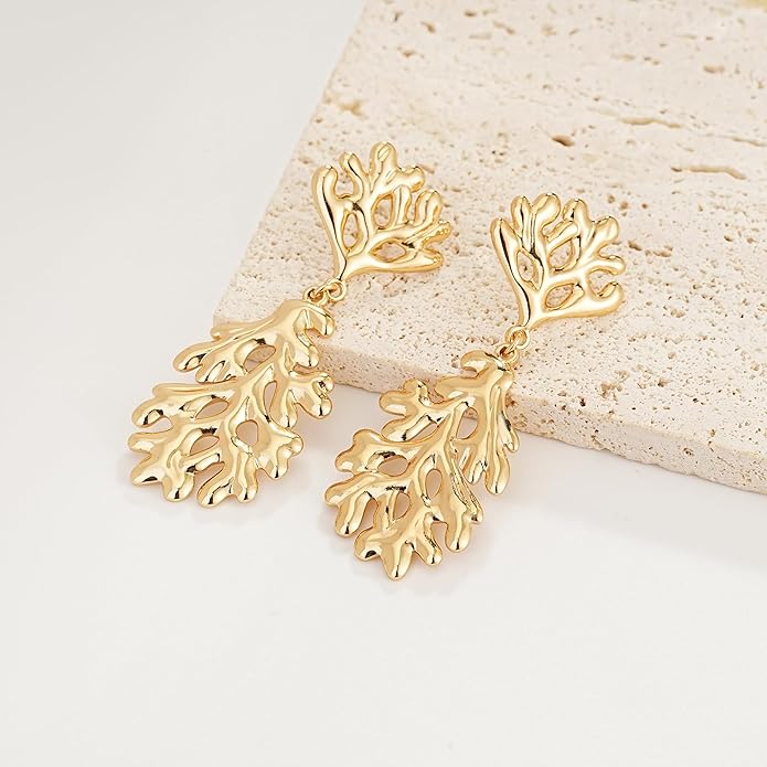 Large Gold Earrings for Women, Chunky Gold Statement Drop Dangle Earring Maple Leave Ginko Leaf Jewelry Gifts