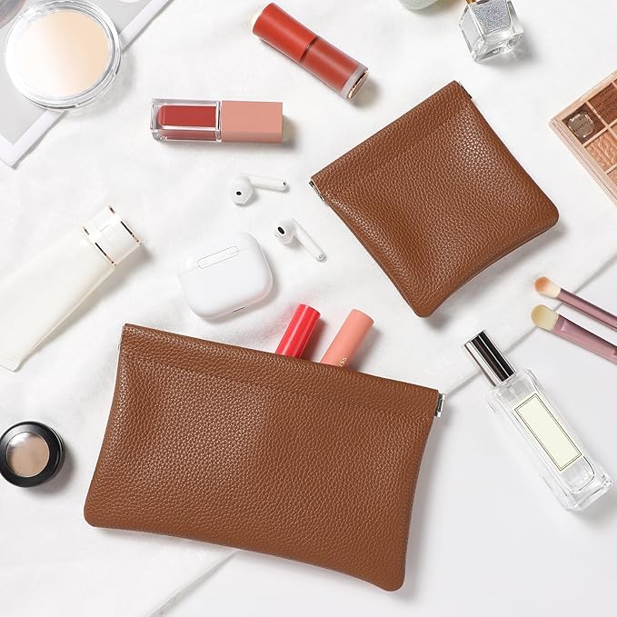 Sightor Leather Pocket Cosmetic Bag for Purse, 2 Pack Small Makeup Bag for Women Coin Purse Lipstick Cosmetic Accessories Organizer Travel Cosmetic Pouch (Brown)
