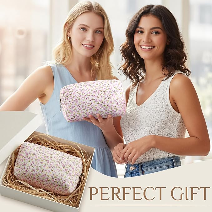 Paterr 6 Pcs Quilted Makeup Bag Bulk for Women Girls Birthday Valentine's Day Bridesmaid Gifts Cute Cotton Cosmetic Pouch Bow Floral Coquette Aesthetic Travel Toiletry Bag(Small Floral,Pink)