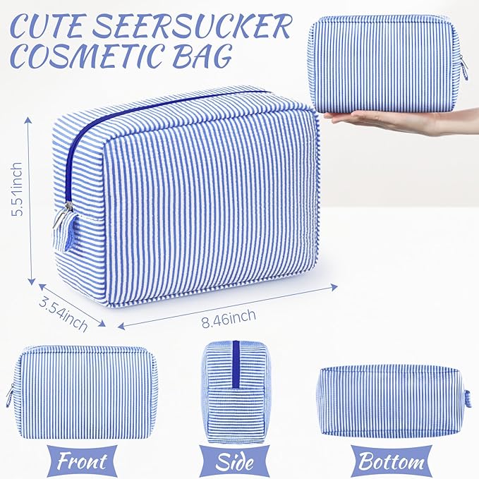 Sanwuta 3 Pcs Seersucker Makeup Bags Seersucker Cosmetic Bags Striped Women Large Travel Toiletry Organizer Preppy Storage Pouch for Embroidery Wedding Bridesmaid Gifts(Navy Blue, Green, Lake Blue)