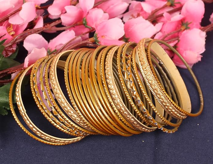 Touchstone Indian Metal Bangles for Women Gold Alloy Bracelets desi 2 Dozen Bangle Collection Bollywood Women's Jewelry Set Multi Stacking Wide Chunky Textured Golden Set of 24 in Gold or White Tone