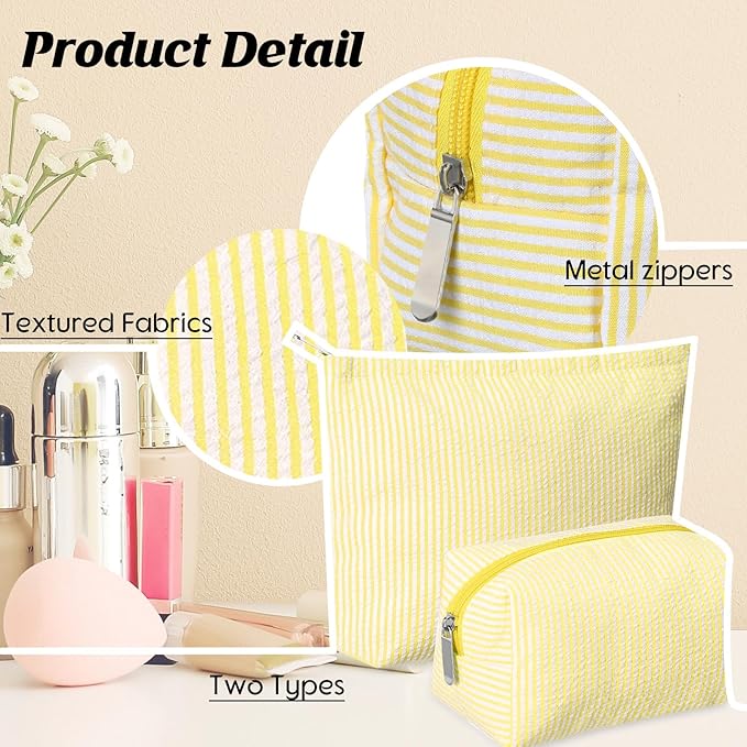 2 Pieces Makeup Bag Set Cute Cosmetic Pouch for Women Seersucker Travel Toiletry Bag Preppy Small Makeup Purse Pouch Aesthetic Skincare Brushes Storage Organizer for Christmas Women(Yellow)