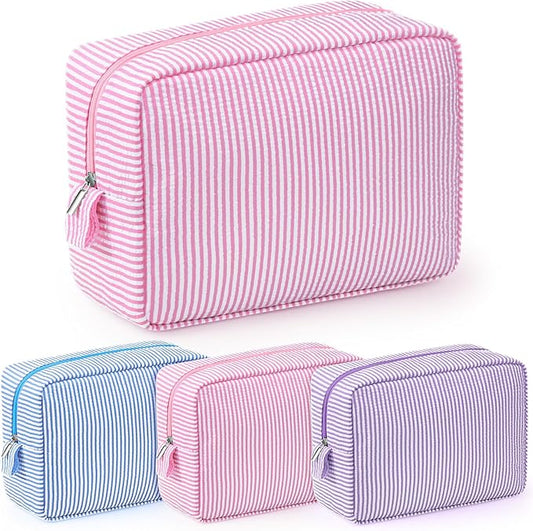 Sanwuta 3 Pcs Seersucker Makeup Bags Seersucker Cosmetic Bags Striped Women Large Travel Toiletry Organizer Preppy Storage Pouch for Embroidery Wedding Bridesmaid Gifts(Pink, Light Blue, Purple)
