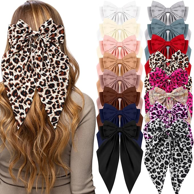 Hoteam 16 Pcs Silky Satin Hair Bows Bulk for Women Large Hair Ribbons Oversized Bows Oversized Long Tail Large Bow-knot Clips Accessories Gifts(Leopard)