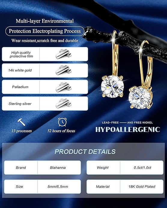 Moissanite Earrings,1.0ct-2.0ct D Color Brilliant Round Cut Earring 18K White Gold Plated Sterling Silver Dangle Earrings Moissanite Leverback Drop Earring s