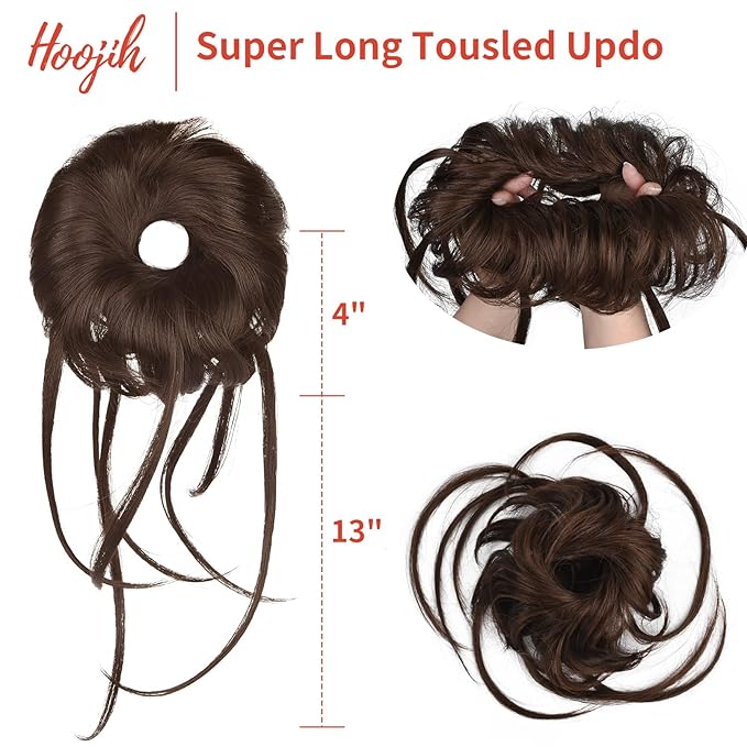 HOOJIH Messy Bun Hair Piece - Super Long Tousled Updo Hair Bun Extensions with Elastic Hair Band HB007 Grace - Warm Brown with Little Black Mixed