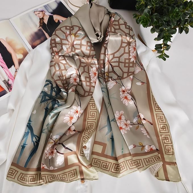 100% Mulberry Silk Scarf for Women Neck Oblong Headscarves Long Floral Print Lightweight Silk Wraps Shawls 67"*20"