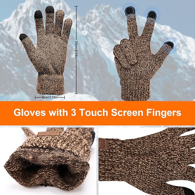3PCS Winter Beanie Hat Scarf Touchscreen Gloves Set for Men and Women, Knitted Fleece Lined Hats Thermal Gloves Long Scarf