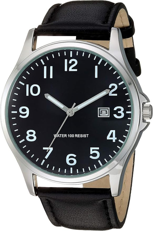 Amazon Essentials Men's Easy to Read 42mm Leather Band Analog Watch