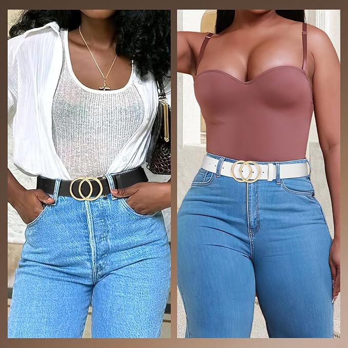 SANSTHS 2 Pack Women Leather Belts Faux Leather Jeans Belt with Double O Ring Buckle
