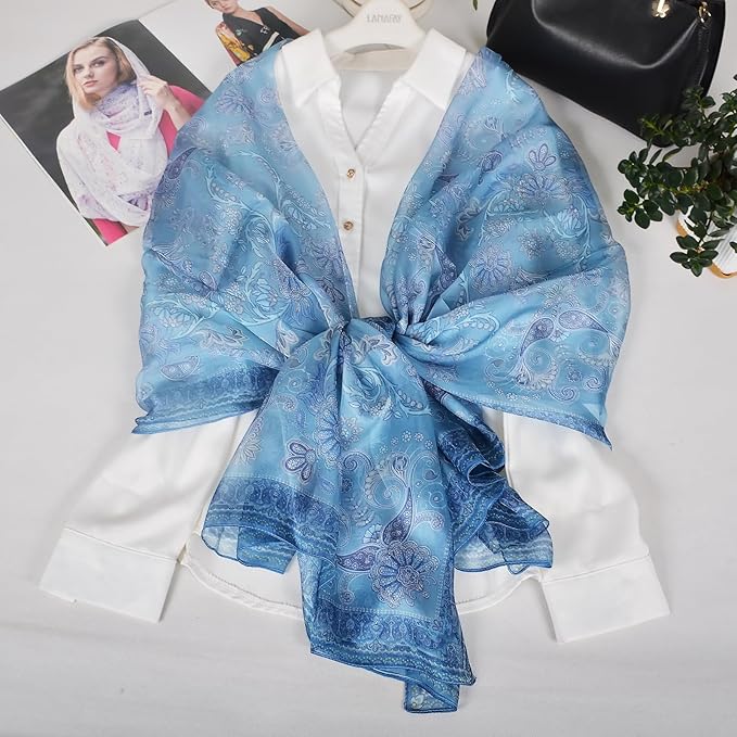 100% Mulberry Silk Women's Neck Silk Scarf-Lightweight Shawl,FLoral Print Beach Silk Wrap-Scarves for Photography