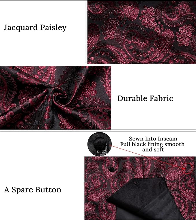 DiBanGu Mens Paisley Suit Vest Silk Jacquard Waistcoat and Necktie Set Formal Shawl Collar Dress Vest 7PCS for Wedding Party