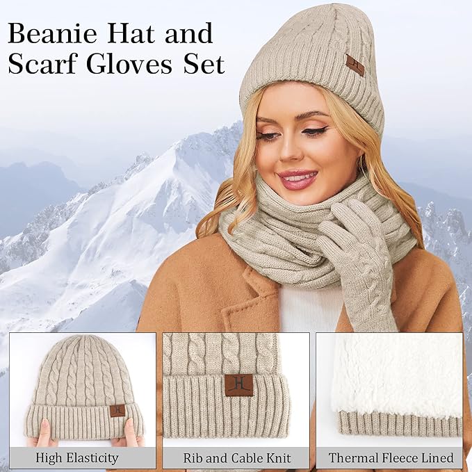 Womens Winter Beanie Hats Long Scarf Touchscreen Gloves Set Warm Knit Skull Caps Gifts for Women