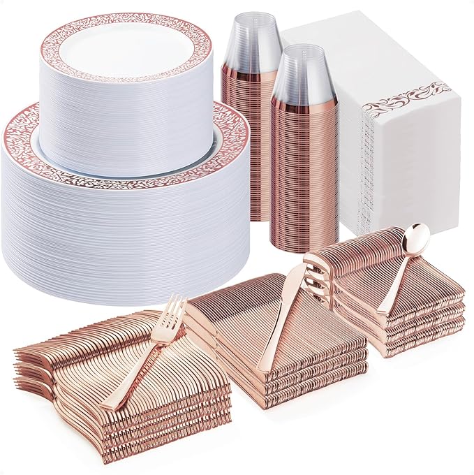 700PCS Rose Gold Plastic Dinnerware Set for 100 Guests, Disposable Plates for Party, Wedding, Include 100 Rose Dinner Plates, 100 Dessert Plates, 100 Set Silverware, 100 Cups, 100 Napkins