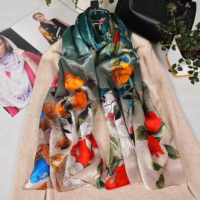 100% Mulberry Silk Scarf for Women Neck Oblong Headscarves Long Floral Print Lightweight Silk Wraps Shawls 67"*20"
