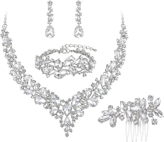 BriLove Wedding Bridal Jewelery for Women Austrian Crystal Teardrop Cluster Statement Necklace Dangle Earrings Link Bracelet Set