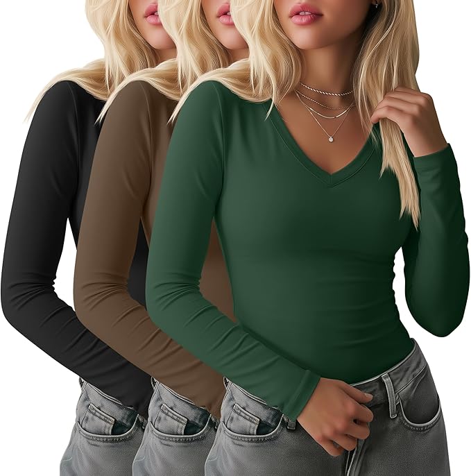 Ficerd 3 Pack Women's Long Sleeve Shirts, V Neck Basic Tees Slim Fitted Casual Fall Tops Going Out Blouses T Shirts