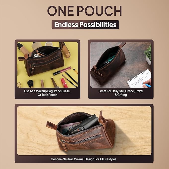 Brown Leather Cosmetic Bags for Women Travel Cosmetic Cases - Multipurpose Zippered Makeup Bag, Small leather Cosmetic Case for Purse - Genuine Leather Makeup Bag Handmade Makeup Pouch