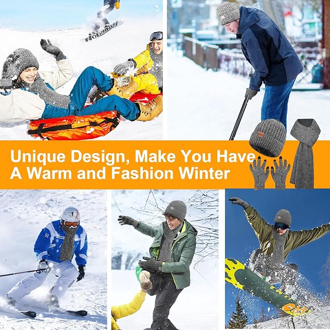3PCS Winter Beanie Hat Scarf Touchscreen Gloves Set for Men and Women, Knitted Fleece Lined Hats Thermal Gloves Long Scarf
