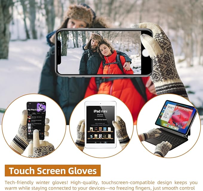 Womens Winter Beanie Hat Long Scarf and Touchscreen Gloves 3Pieces Fleece Lined Skull Caps with Pompom Neck Scarves Set