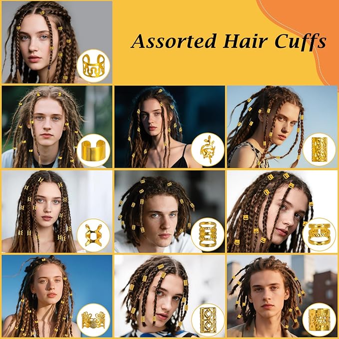 100PCS Gold Hair Jewelry for Women Braids, Hair Accessories for Girls Women, Assorted Gold Hair cuffs Ear Clips Loc Beads for Hair Decoration