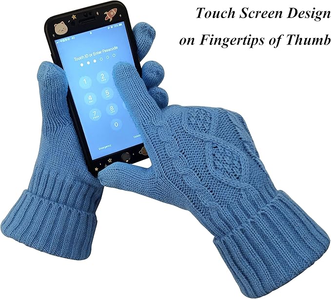 Winter Hat Gloves Scarf Set for Women, Cable Knit Beanie Pom Cap Touch Screen Glove Long Scarf 3PCS Winter Gift for Women Men