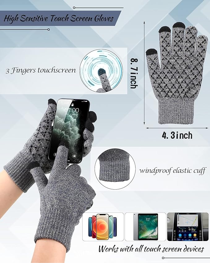 SATINIOR 6 Pcs Winter Knit Beanie Hat Scarf Touchscreen Gloves Set Warm Skull Cap Gifts for Men Women(Black, Gray)