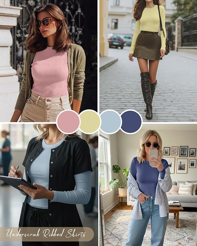 Neer 4 Pack Women's Ribbed Long Sleeve Shirts, Cotton Crew Neck Slim Fit Tops Stretch Knit Casual Base Layer Basic Tee Shirts