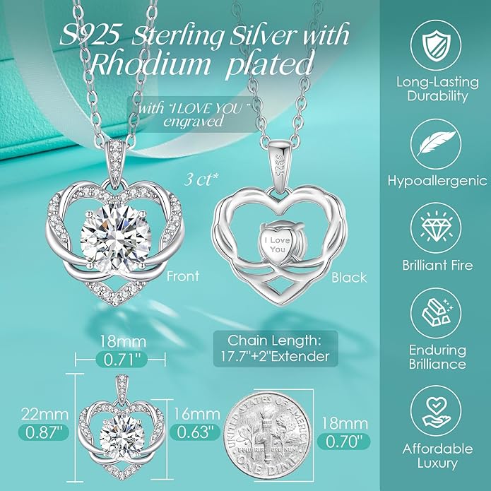 OOBEE Moissanite Heart Necklace for Women 925 Sterling Silver Fine Jewelry, Ideal Birthday Anniversary Christmas Gift for Women Wife Mom Girlfriend