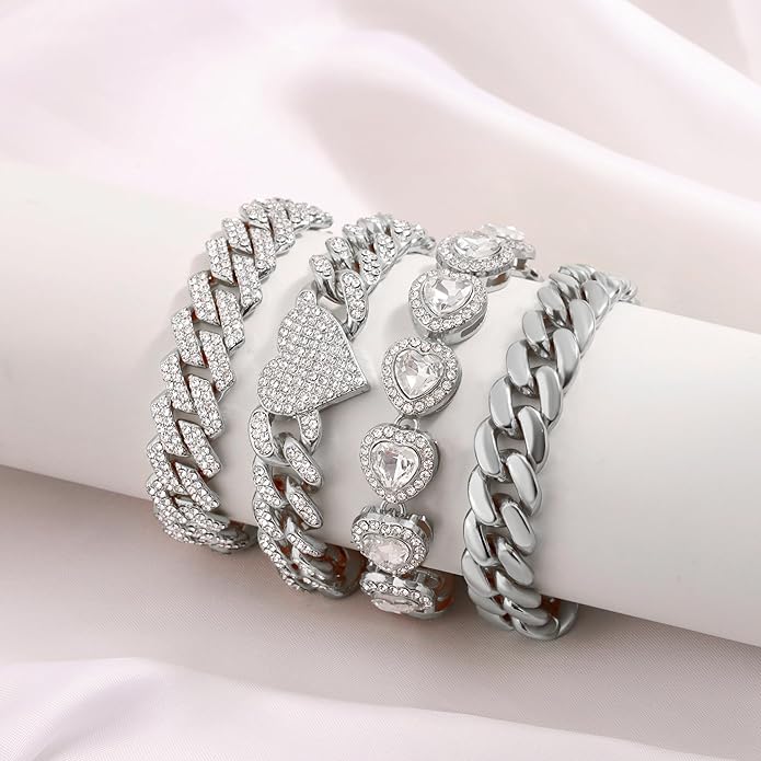 4PCS Gold Bracelets for Women Silver Clustered Tennis Bracelet for Women Heart Round Diamond Cuban Bracelet Layered Link Bracelet Set Fashion Jewelry for Women Set