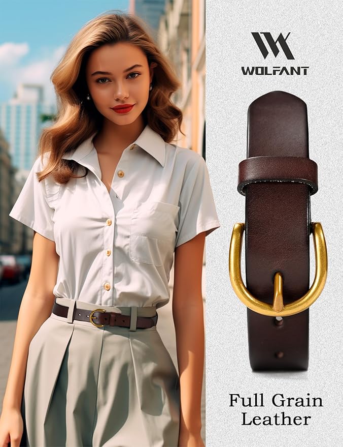 WOLFANT Womens Casual leather Jean Belt,1.1" Ladies Belt with Gold Buckle,100% Italian Full Grain Real Solid Leather