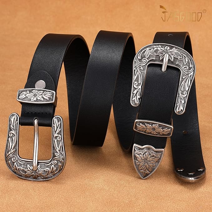 JASGOOD Double Buckle Western Belts For Woman Cowgirl Country Belt Vintage Black Leather Belt For Jeans Pants Dresses