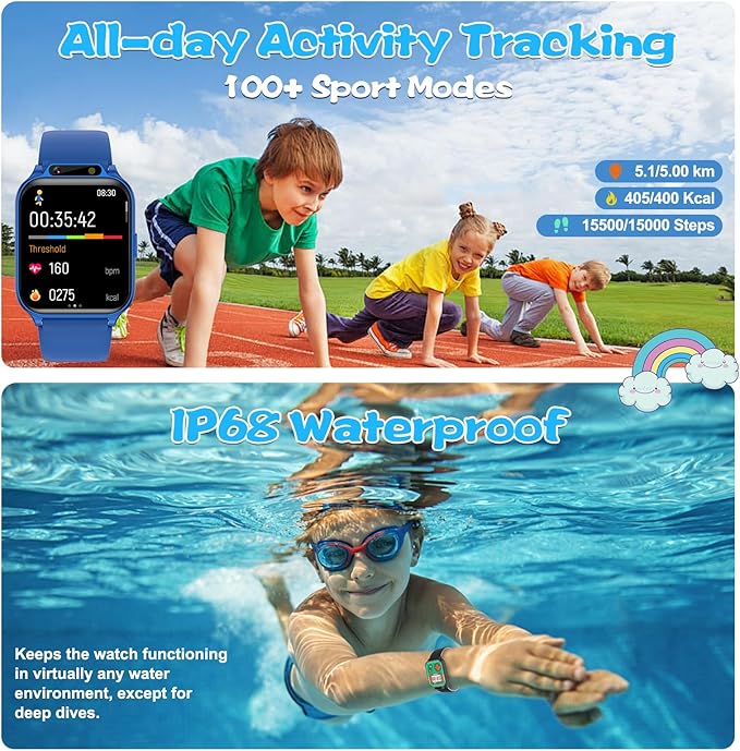 Smart Watch for Kids, 1.85" Fitness Tracker with Heart Rate, Sleep Monitor, IP68 Waterproof Smartwatches with Video Music, Pedometer, Game, NO APP/Phone, Gift for Boys Girls. (Classic, Silver)