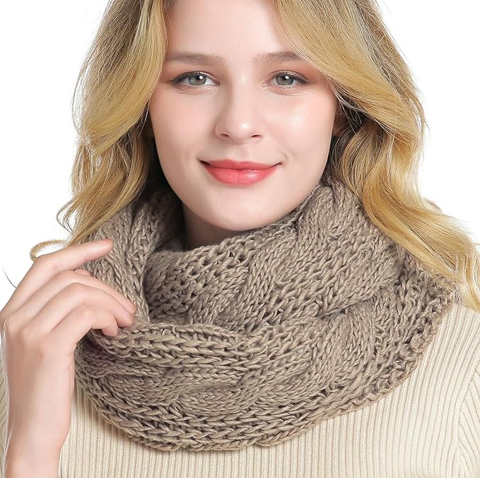 QUEENFUR Winter Women Thick Cable Knit Ribbed Infinity Circle Loop Scarf