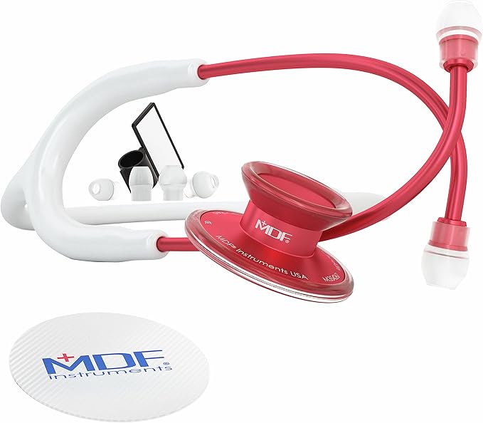 MDF Instruments, Acoustica Lightweight Stethoscope for Doctors, Nurses, Students, Home Health Use, Adult, Dual Head, White Tube, Red Chestpiece-Headset, MDF747XPR29
