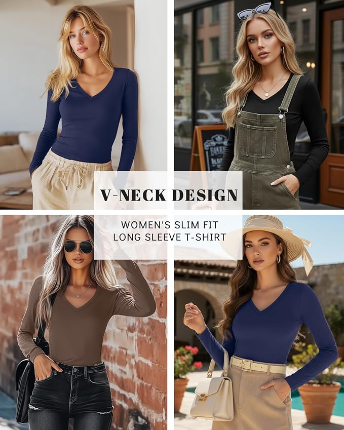 Ficerd 3 Pack Women's Long Sleeve Shirts, V Neck Basic Tees Slim Fitted Casual Fall Tops Going Out Blouses T Shirts
