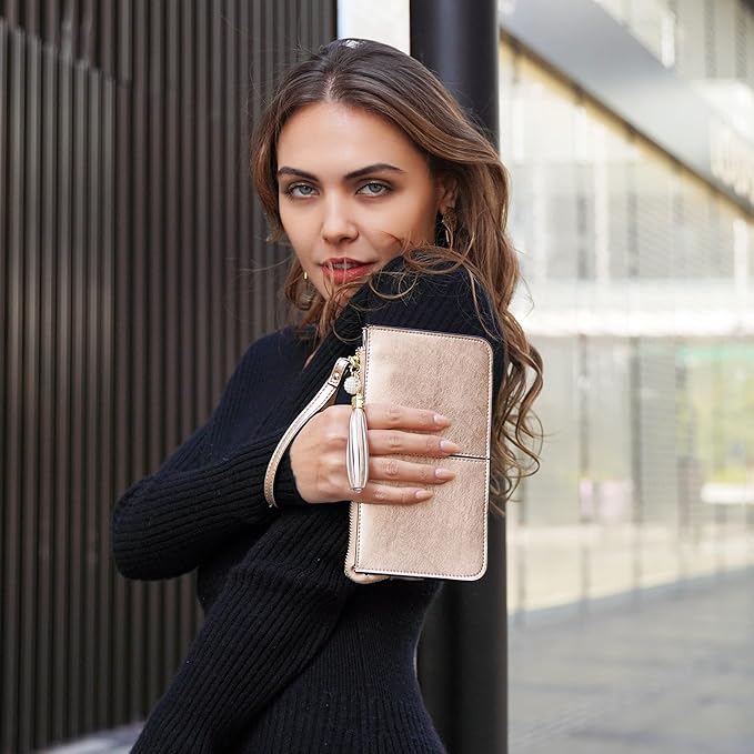 befen Genuine Leather Wristlet Clutch for Women Ultra-Slim Ladies Credit Card Holder Wallet Purses with RFID Protection