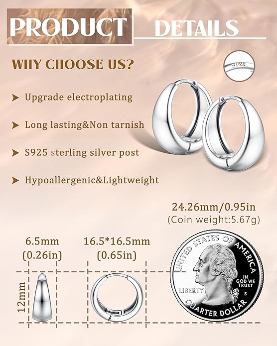 14K Gold Plated Small Chunky Hoop Earrings Sterling Silver Post - Hypoallergenic Trendy Thick Lightweight Silver Plated Huggie Hoops Dainty Hoop Earrings for Women Non Tarnish Jewelry Gifts