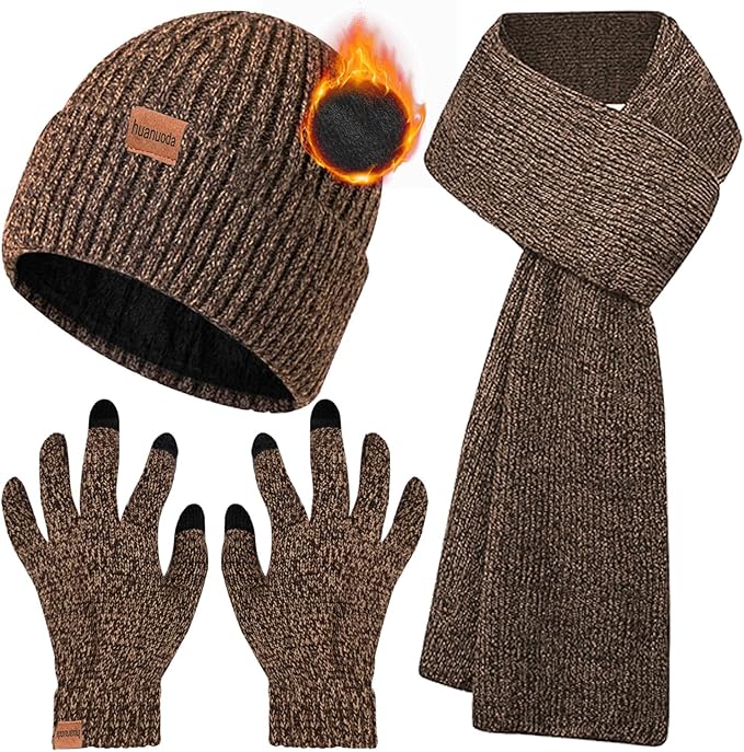 3PCS Winter Beanie Hat Scarf Touchscreen Gloves Set for Men and Women, Knitted Fleece Lined Hats Thermal Gloves Long Scarf