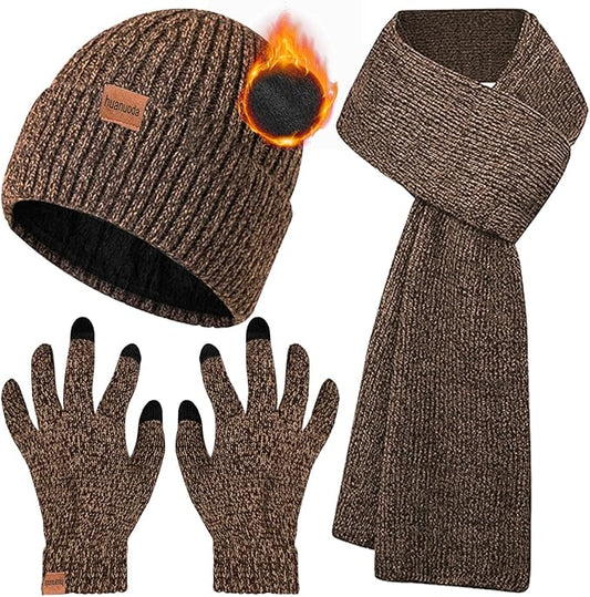 3PCS Winter Beanie Hat Scarf Touchscreen Gloves Set for Men and Women, Knitted Fleece Lined Hats Thermal Gloves Long Scarf