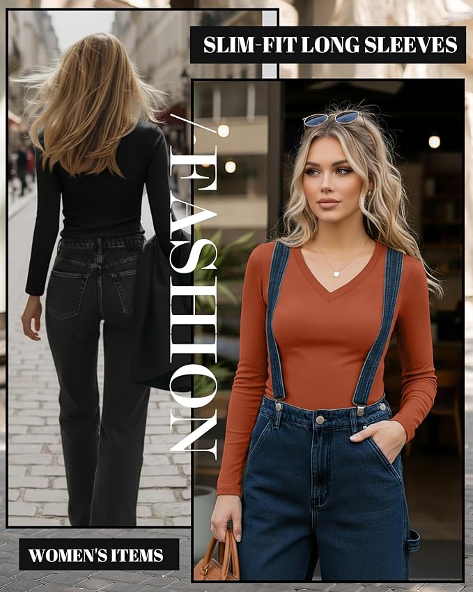 Ficerd 3 Pack Women's Long Sleeve Shirts, V Neck Basic Tees Slim Fitted Casual Fall Tops Going Out Blouses T Shirts