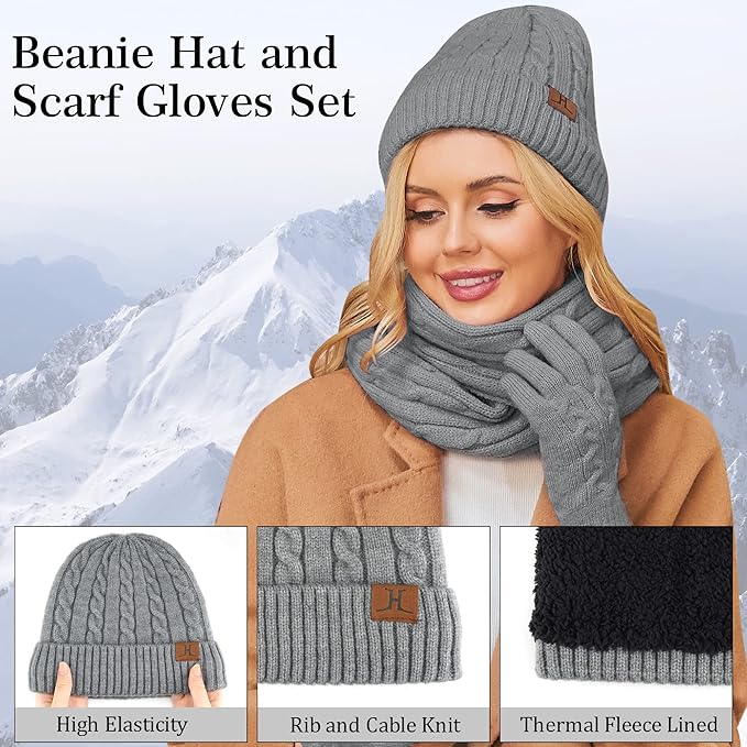 Womens Winter Beanie Hats Long Scarf Touchscreen Gloves Set Warm Knit Skull Caps Gifts for Women